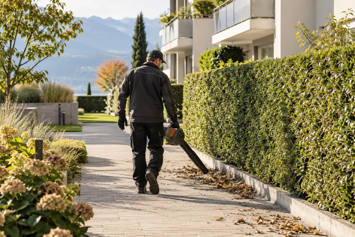 Person mit Laubbläser auf einem Weg neben einer Hecke