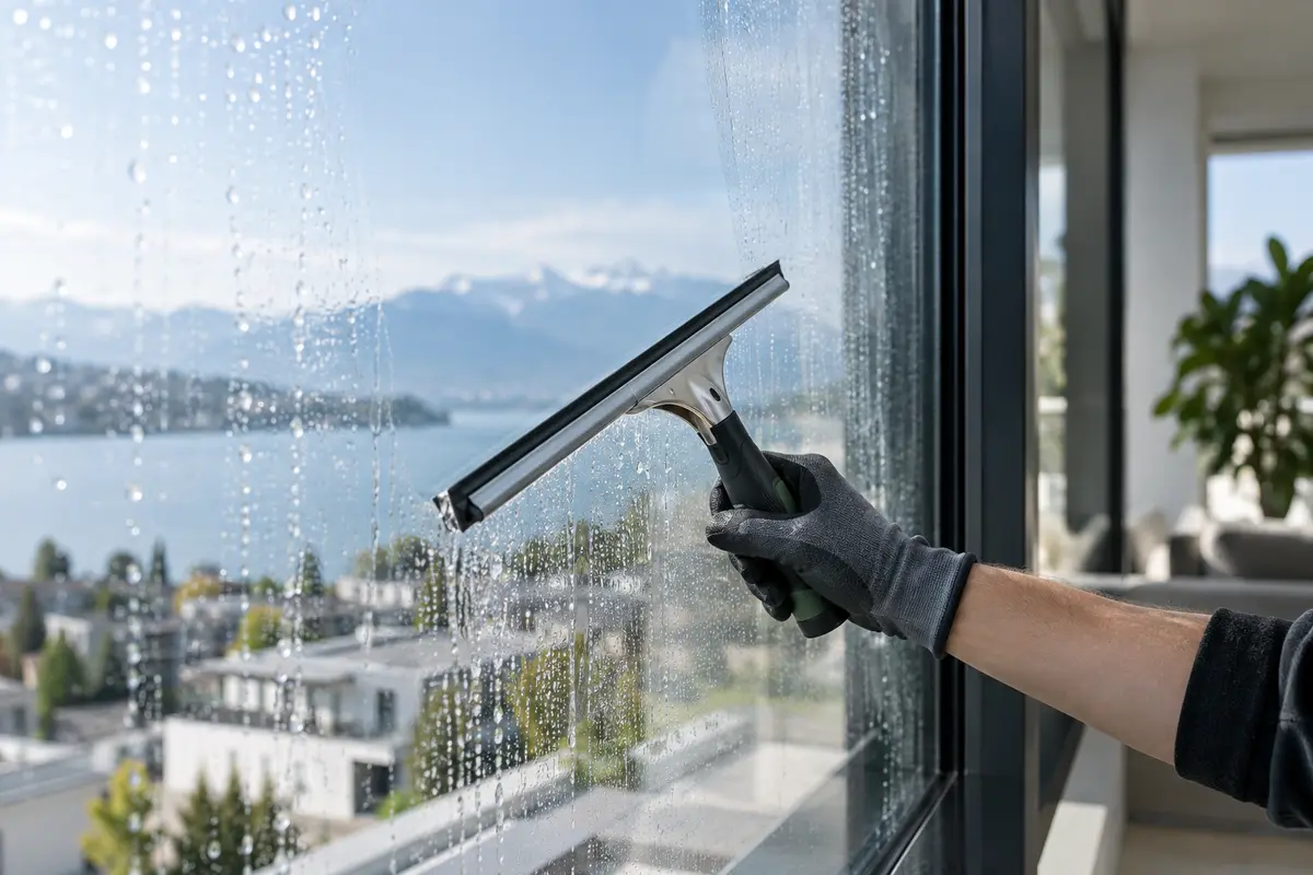 Fensterscheibe wird mit einem Fensterabzieher gereinigt