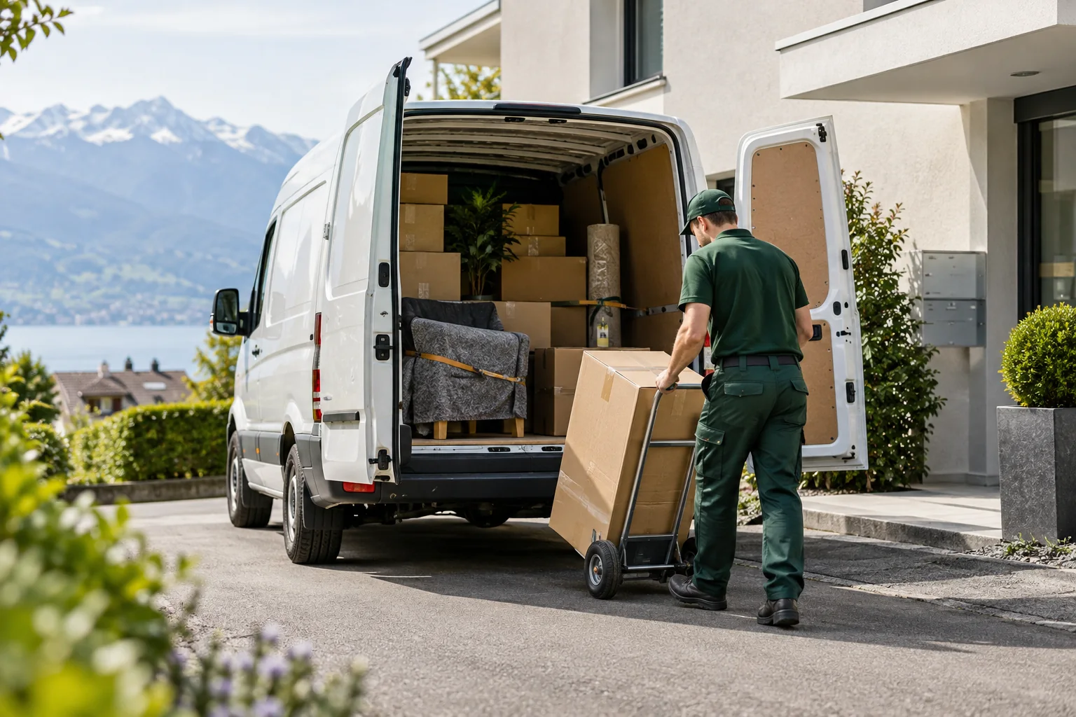 Mitarbeiter bei einem sorgfältig vorbereiteten Kleintransport mit Lieferwagen
